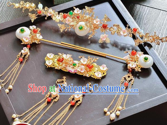 Traditional Handmade Chinese Ancient Costume Wedding Xiuhe Suit Bride Jade Phoenix Coronet Hair Accessories Complete Set, Step Shake Hanfu Hairpins for Women