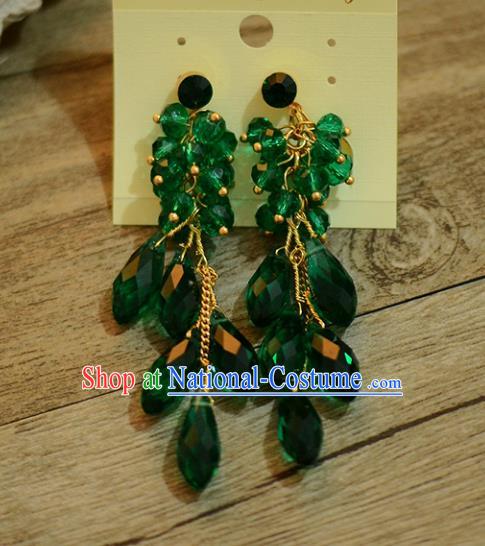 Top Grade Handmade Chinese Classical Jewelry Accessories Wedding Green Crystal Tassel Ear Stud Bride Hanfu Earrings for Women