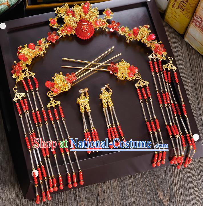 Traditional Handmade Chinese Ancient Costume Wedding Xiuhe Suit Bride Red Beads Tassel Phoenix Coronet Hair Accessories Complete Set, Step Shake Hanfu Hairpins for Women