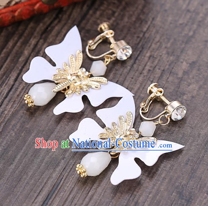 Top Grade Handmade Chinese Classical Jewelry Accessories Wedding White Butterfly Tassel Ear Stud Bride Hanfu Earrings for Women