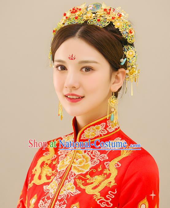 Traditional Handmade Chinese Wedding Xiuhe Suit Bride Blueing Tassel Phoenix Coronet Hair Accessories Complete Set, Step Shake Hanfu Hairpins for Women