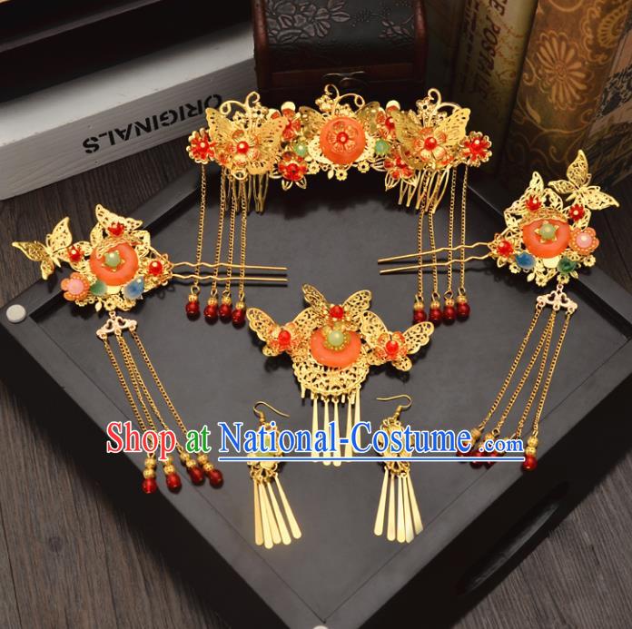 Traditional Handmade Chinese Wedding Xiuhe Suit Bride Blueing Tassel Hair Accessories Complete Set, Jade Phoenix Coronet Step Shake Hanfu Hairpins for Women