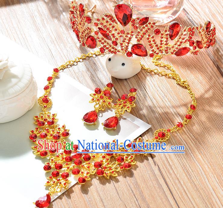 Top Grade Handmade Hair Accessories Baroque Red Crystal Imperial Crown and Necklace Earrings, Bride Wedding Hair Jewellery Queen Crystal Crown for Women