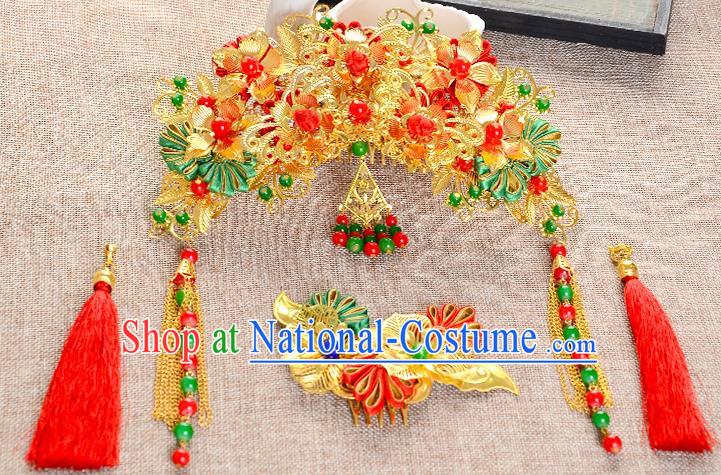 Traditional Handmade Chinese Wedding Xiuhe Suit Bride Hair Accessories Complete Set Tassel Hair Comb, Phoenix Coronet Step Shake Hanfu Hairpins for Women