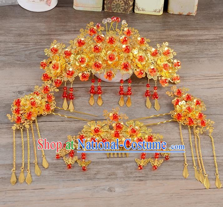 Traditional Handmade Chinese Wedding Xiuhe Suit Bride Hair Accessories Complete Set, Tassel Hair Comb Phoenix Coronet Step Shake Hanfu Hairpins for Women