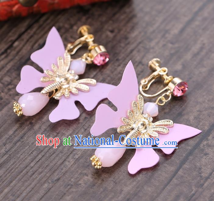 Top Grade Handmade Chinese Classical Jewelry Accessories Wedding Pink Butterfly Tassel Ear Stud Bride Hanfu Earrings for Women