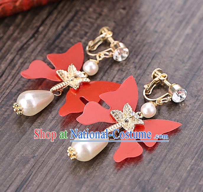 Top Grade Handmade Chinese Classical Jewelry Accessories Wedding Red Butterfly Tassel Ear Stud Bride Hanfu Earrings for Women