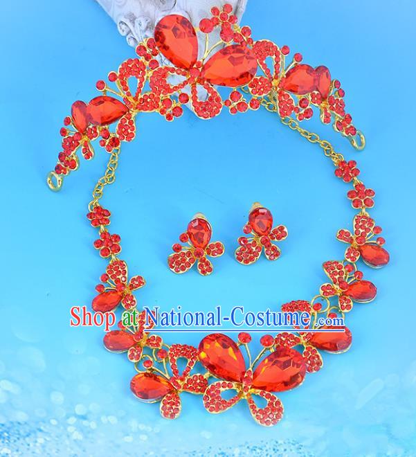 Top Grade Handmade Chinese Classical Jewelry Accessories Wedding Red Crystal Butterfly Royal Crown and Necklace Earrings Bride Hanfu Headgear for Women