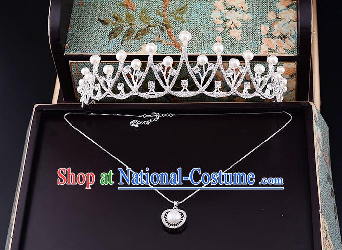 Top Grade Handmade Chinese Classical Jewelry Accessories Wedding Crystal Pearls Royal Crown and Necklace Earrings Bride Hanfu Headgear for Women