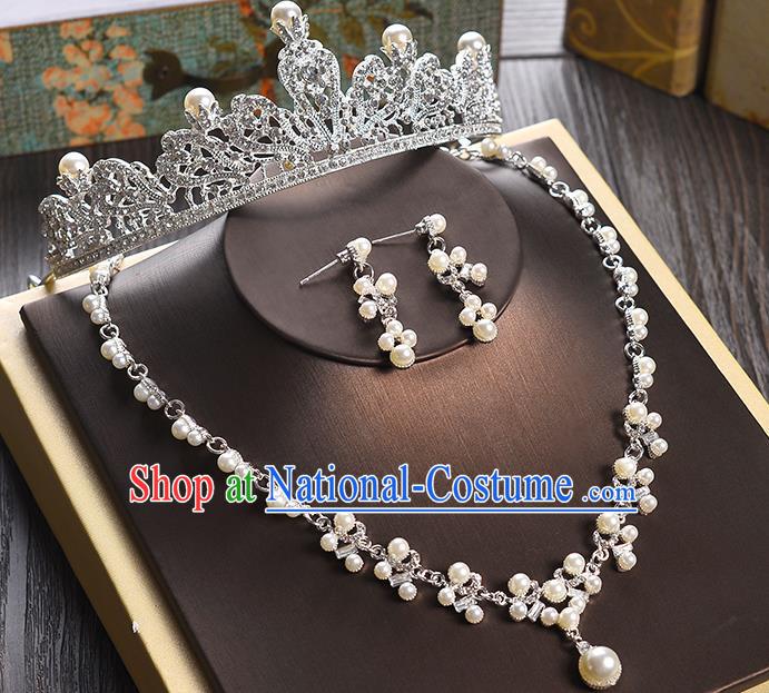 Top Grade Handmade Hair Accessories Baroque Crystal Pearls Vintage Imperial Crown and Earrings, Bride Wedding Hair Jewellery Queen Crown for Women