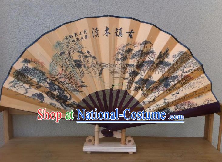 Traditional Chinese Crafts Silk Folding Fan China Sensu Printing Ancient Towns Wood Bridge Accordion Fan for Men