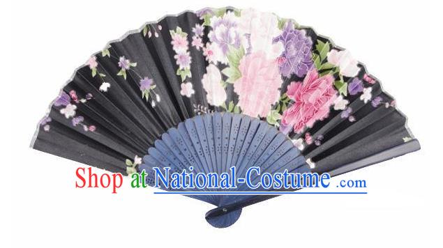 Traditional Chinese Crafts Silk Folding Fan China Sensu Japan Printing Flowers Dance Black Accordion Fan for Women