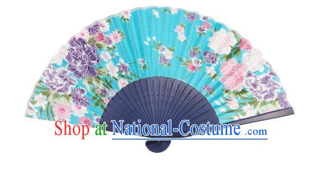 Traditional Chinese Crafts Silk Folding Fan China Sensu Japan Printing Flowers Dance Blue Accordion Fan for Women