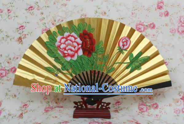 Traditional Chinese Crafts Peking Opera Folding Fan China Sensu Printing Peony Flowers Dance Blue Accordion Fan for Women