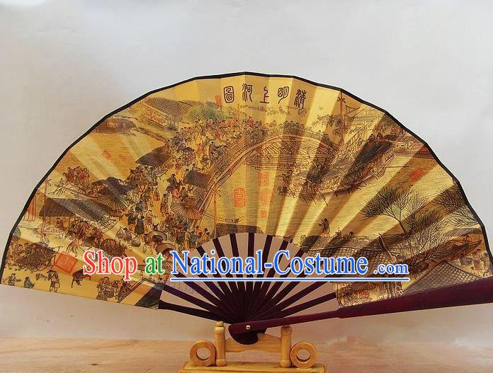 Traditional Chinese Crafts Peking Opera Folding Fan China Sensu Printing Riverside Scene at Qingming Festival Accordion Silk Fan for Men