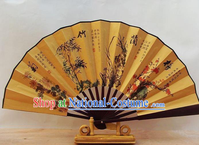 Traditional Chinese Crafts Peking Opera Folding Fan China Sensu Printing Plum Blossom Orchid Bamboo and Chrysanthemum Accordion Silk Fan for Men