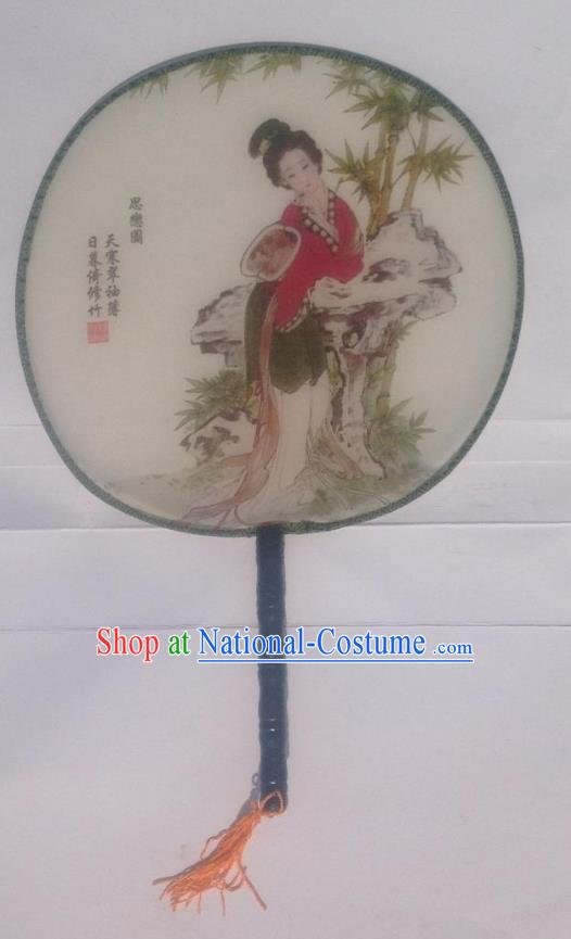 Traditional Chinese Crafts Ancient Palace Lady Dance Round Silk Fan, China Hand Painting Beauty Imperial Concubine Hanfu Circular Fan for Women