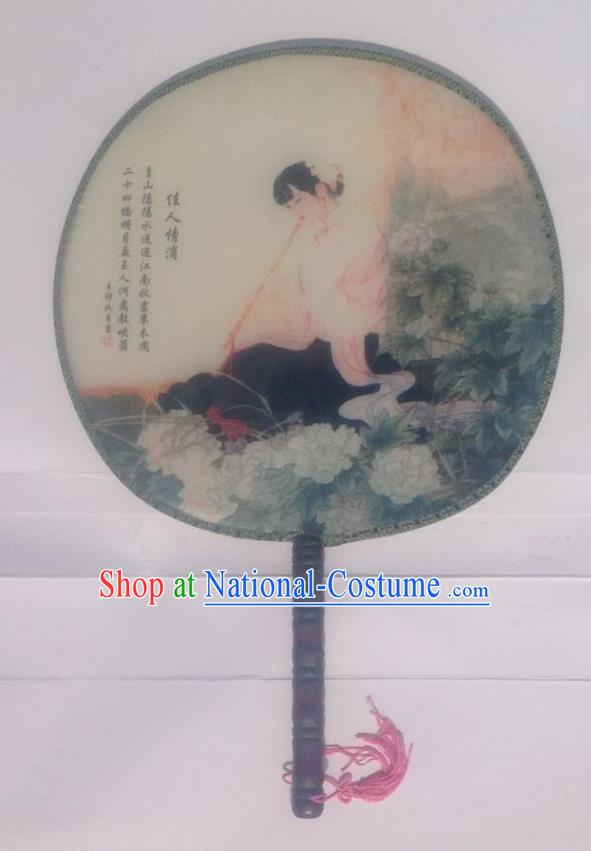 Traditional Chinese Crafts Ancient Palace Lady Dance Round Silk Fan, China Hand Painting Imperial Concubine Hanfu Circular Fan for Women