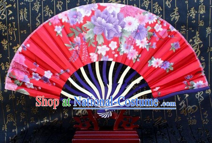 Traditional Chinese Crafts Peking Opera Folding Fan China Sensu Printing Flowers Japan Red Silk Fan for Women