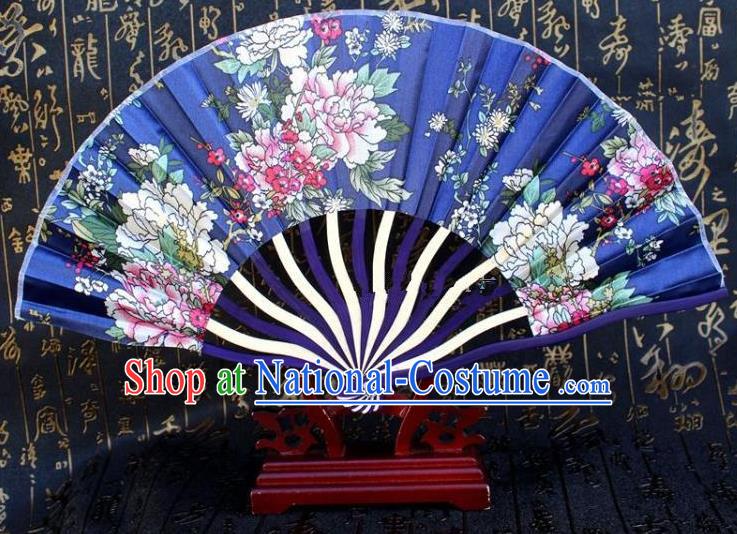 Traditional Chinese Crafts Peking Opera Folding Fan China Sensu Printing Flowers Japan Blue Silk Fan for Women