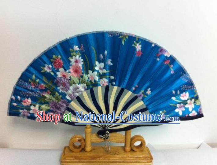 Traditional Chinese Crafts Peking Opera Folding Fan China Sensu Hand Painting Flowers Chinese Blue Silk Dance Fan for Women