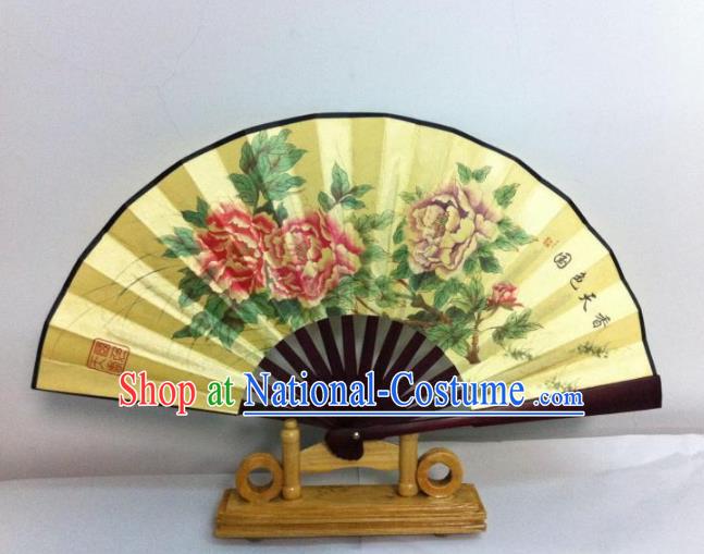 Traditional Chinese Crafts Peking Opera Folding Fan China Sensu Hand Painting Peony Chinese Silk Dance Fan for Women