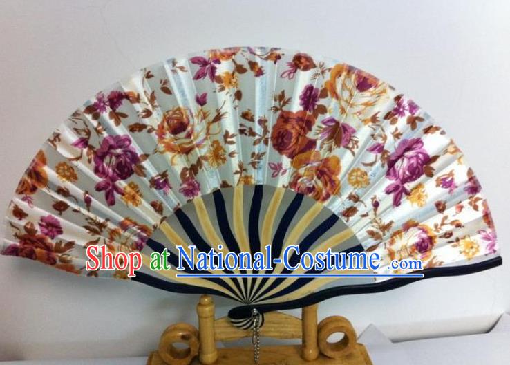 Traditional Chinese Crafts Peking Opera Folding Fan China Sensu Hand Painting Purple Flowers Chinese Silk Dance Fan for Women