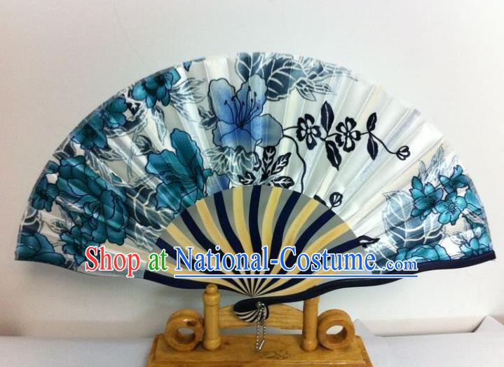 Traditional Chinese Crafts Peking Opera Folding Fan China Sensu Hand Painting Blue Flowers Chinese Silk Dance Fan for Women