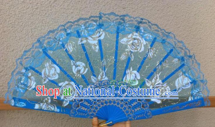 Traditional Chinese Crafts Peking Opera Folding Fan China Sensu Handmade Rose Chinese Dance Blue Lace Fan for Women