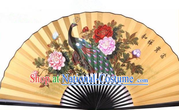 Traditional Chinese Crafts Peking Opera Folding Fan China Sensu Handmade Chinese Painting Peony Peacock Xuan Paper Fan for Men