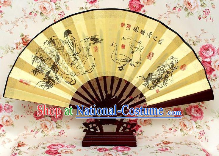 Traditional Chinese Crafts Peking Opera Folding Fan China Sensu Handmade Chinese Ink Painting Goose Silk Fan for Men