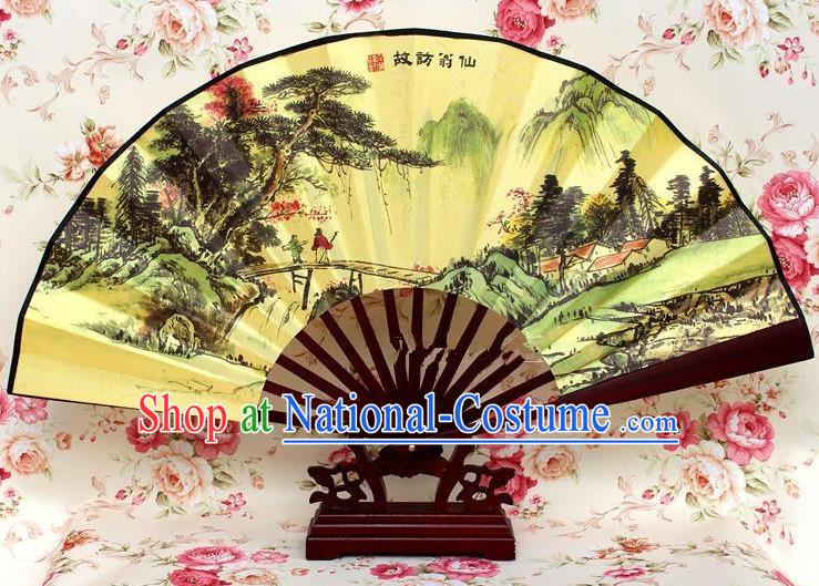 Traditional Chinese Crafts Peking Opera Folding Fan China Sensu Handmade Chinese Ink Painting Pineburst Silk Fan for Men