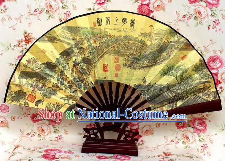 Traditional Chinese Crafts Peking Opera Folding Fan China Sensu Handmade Chinese Ink Painting Riverside Scene at Qingming Festival Silk Fan for Men