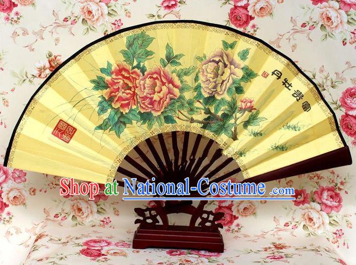 Traditional Chinese Crafts Peking Opera Folding Fan China Sensu Handmade Chinese Ink Painting Rich Peony Silk Fan for Men