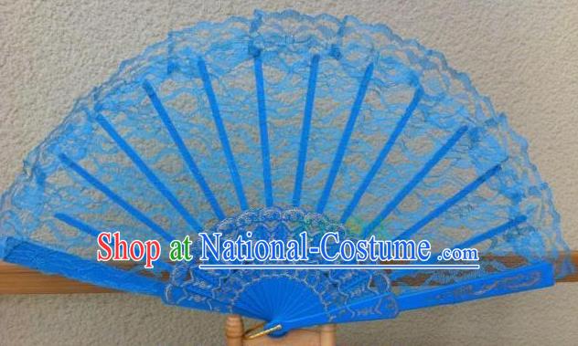 Traditional Chinese Crafts Peking Opera Folding Fan China Sensu Handmade Chinese Dance Blue Lace Fan for Women