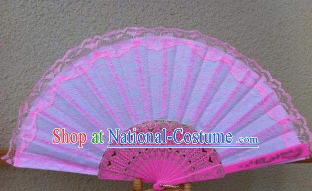 Traditional Chinese Crafts Peking Opera Folding Fan China Sensu Handmade Chinese Dance Double Pink Lace Fan for Women