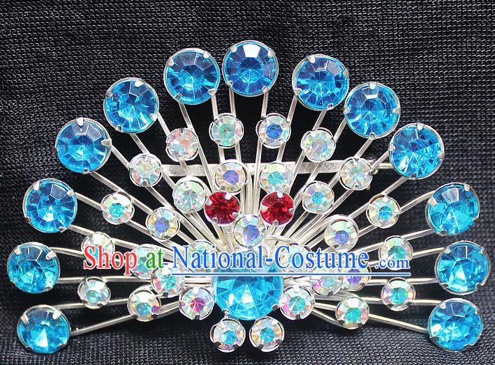 Traditional China Beijing Opera Young Lady Jewelry Accessories Collar Brooch, Ancient Chinese Peking Opera Hua Tan Diva Blue Crystal Fanshaped Breastpin