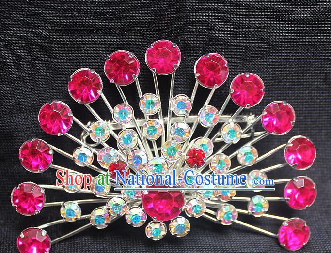 Traditional China Beijing Opera Young Lady Jewelry Accessories Collar Brooch, Ancient Chinese Peking Opera Hua Tan Diva Rosy Crystal Fanshaped Breastpin