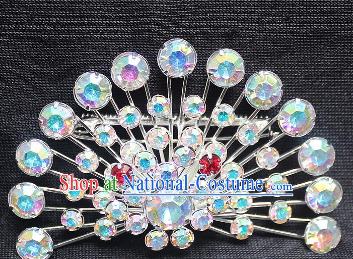 Traditional China Beijing Opera Young Lady Jewelry Accessories Collar Brooch, Ancient Chinese Peking Opera Hua Tan Diva Colorful Crystal Fanshaped Breastpin