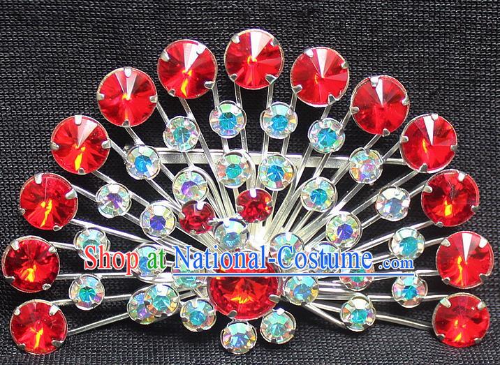 Traditional China Beijing Opera Young Lady Jewelry Accessories Collar Brooch, Ancient Chinese Peking Opera Hua Tan Diva Colorful Red Crystal Fanshaped Breastpin