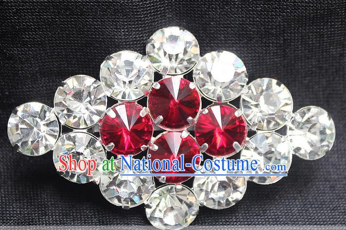 Traditional China Beijing Opera Young Lady Jewelry Accessories Collar Brooch, Ancient Chinese Peking Opera Hua Tan Diva Red Crystal Rhombus Breastpin