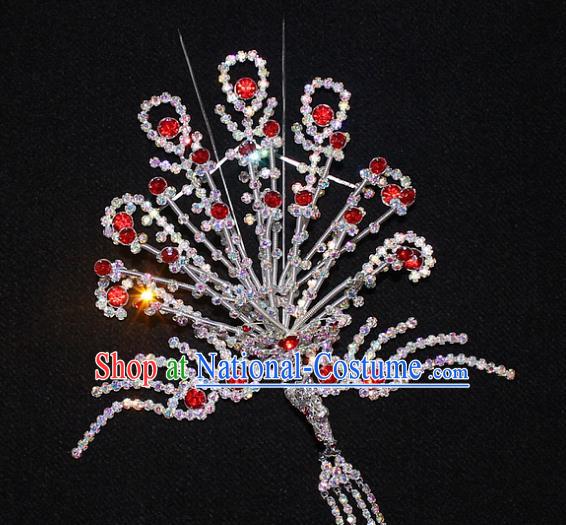 Traditional China Beijing Opera Young Lady Hair Accessories Phoenix Tassel Step Shake, Ancient Chinese Peking Opera Hua Tan Headwear Diva Red Crystal Empress Hairpins