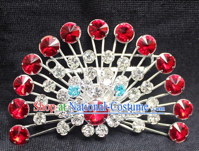 Traditional China Beijing Opera Young Lady Jewelry Accessories Collar Brooch, Ancient Chinese Peking Opera Hua Tan Diva Red Crystal Fanshaped Breastpin