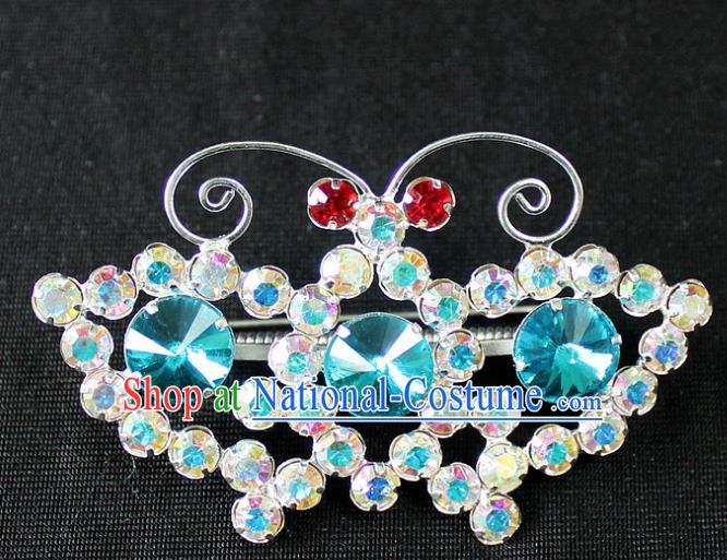 Traditional China Beijing Opera Young Lady Jewelry Accessories Butterfly Brooch, Ancient Chinese Peking Opera Hua Tan Diva Blue Crystal Breastpin