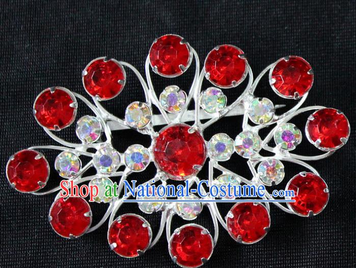 Traditional China Beijing Opera Young Lady Jewelry Accessories Red Crystal Collar Brooch, Ancient Chinese Peking Opera Hua Tan Diva Blue Colorful Breastpin