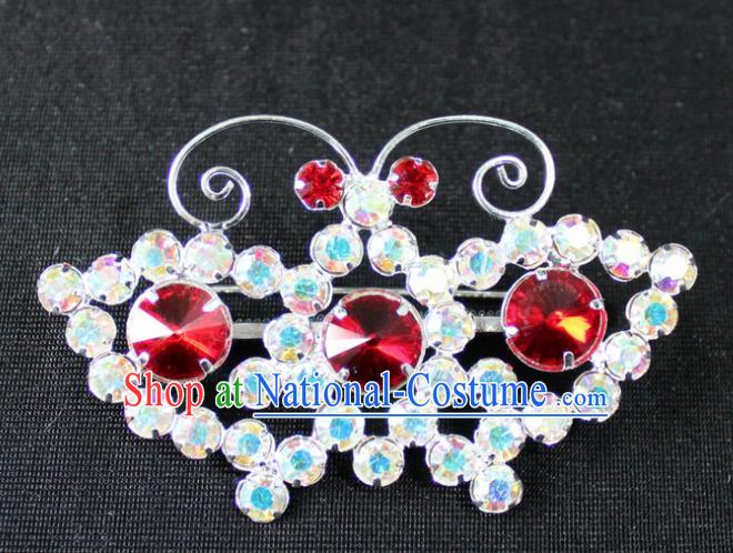 Traditional China Beijing Opera Young Lady Jewelry Accessories Butterfly Brooch, Ancient Chinese Peking Opera Hua Tan Diva Red Crystal Breastpin