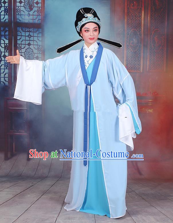 Traditional China Beijing Opera Niche Costume Gifted Scholar Embroidered Robe and Headwear, Ancient Chinese Peking Opera Embroidery Blue Clothing