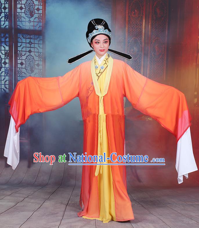 Traditional China Beijing Opera Niche Costume Gifted Scholar Embroidered Robe and Headwear, Ancient Chinese Peking Opera Embroidery Orange Clothing