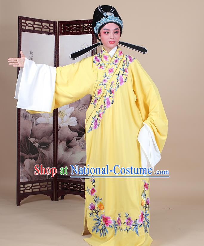 Traditional China Beijing Opera Niche Costume Lang Scholar Embroidered Yellow Robe and Headwear, Ancient Chinese Peking Opera Embroidery Clothing