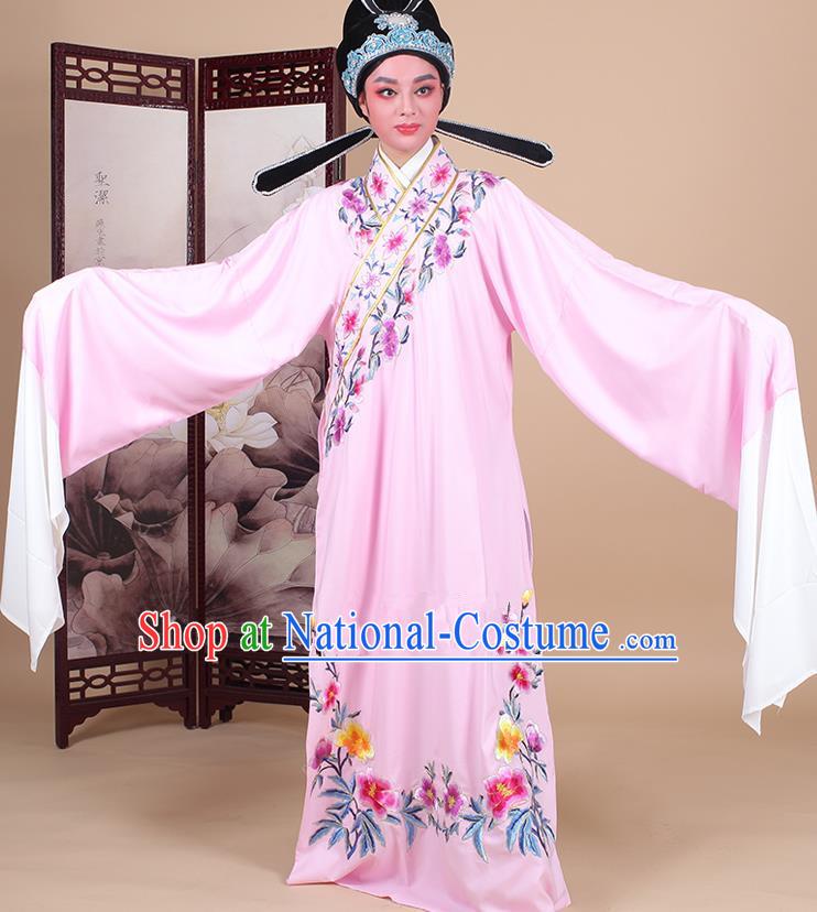 Traditional China Beijing Opera Niche Costume Lang Scholar Embroidered Pink Robe and Headwear, Ancient Chinese Peking Opera Embroidery Clothing